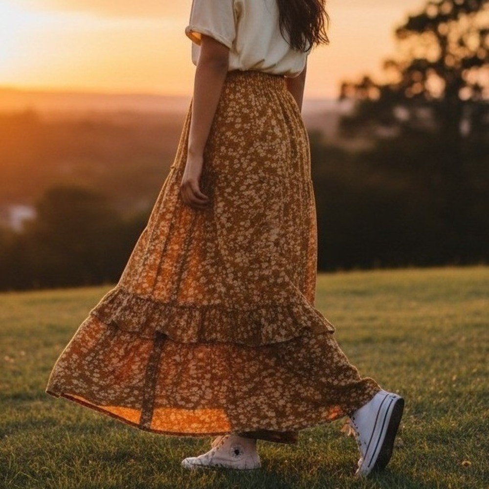 Women's Floral Tiered Maxi Skirt - Yellow W/White Flowers